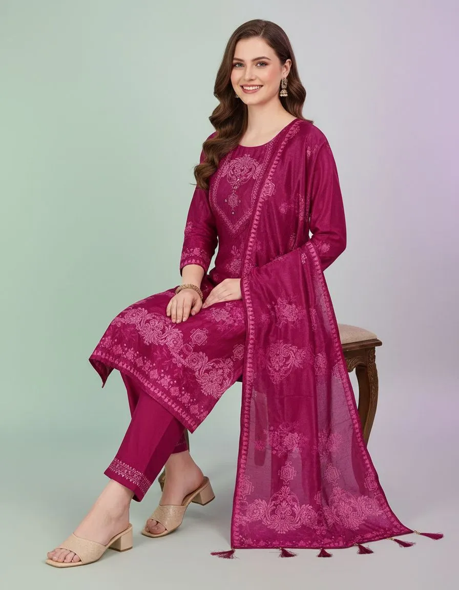 Fuchsia Embroidered Kurta Set view 2