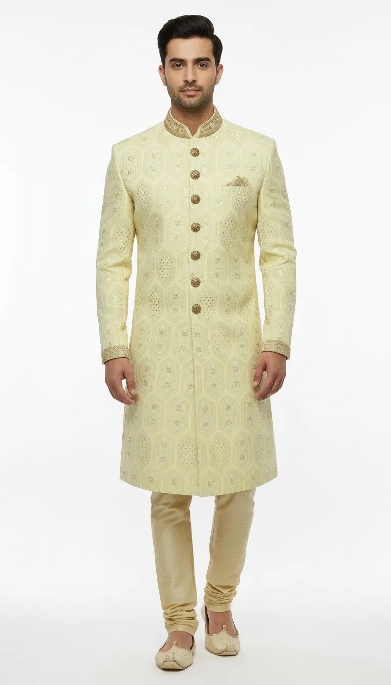 Mens Designer light lemon indowestern view 2