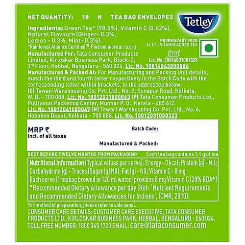 Tetley Green Tea Ginger Mint Lemon 10 Pieces view 2