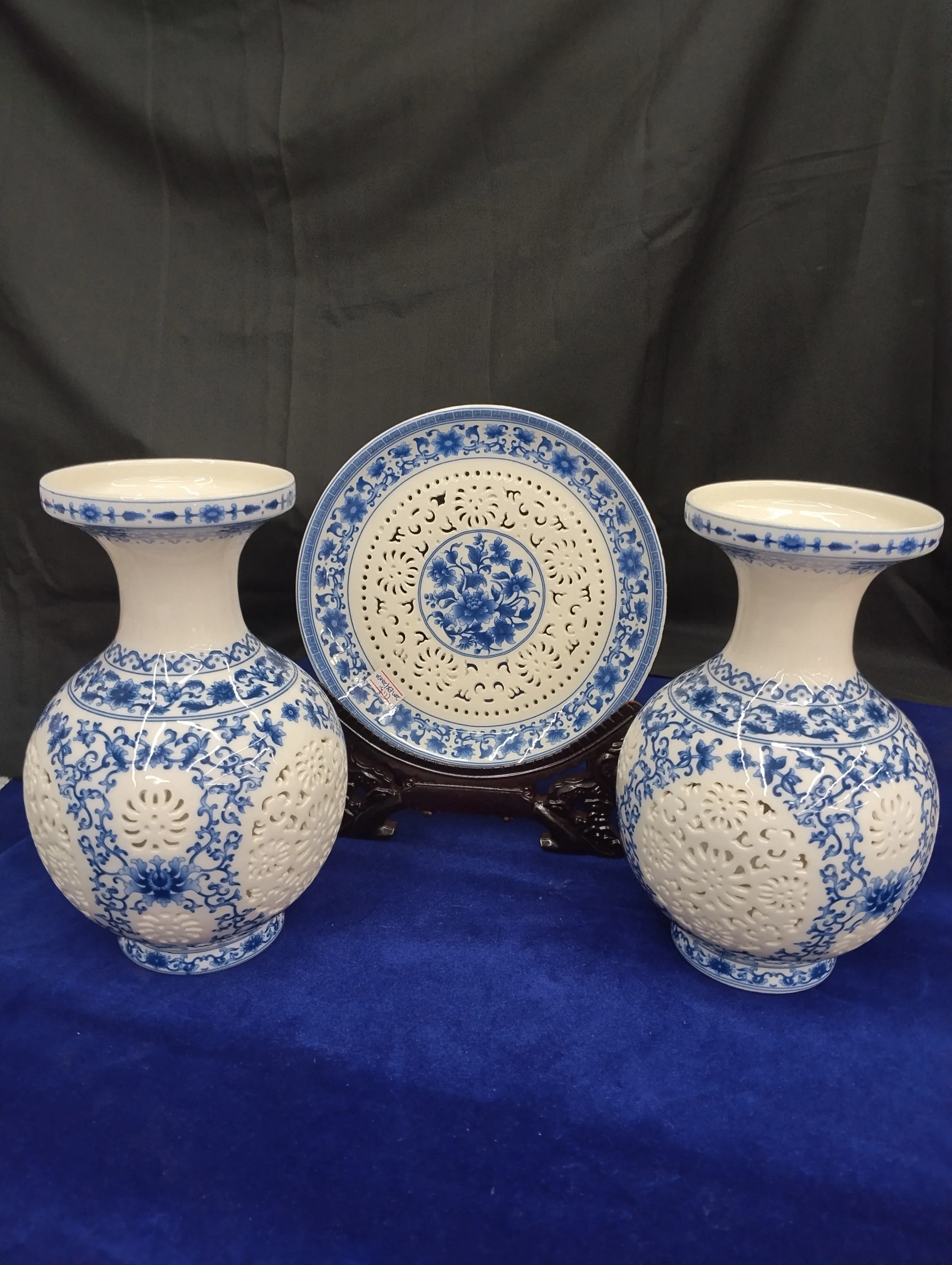 Blue and White Ceramic Vases and Plate Set view 2