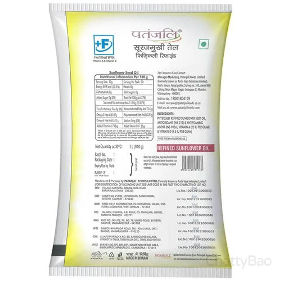 Patanjali Fortified Sunflower Oil Pouch 1 L view 2