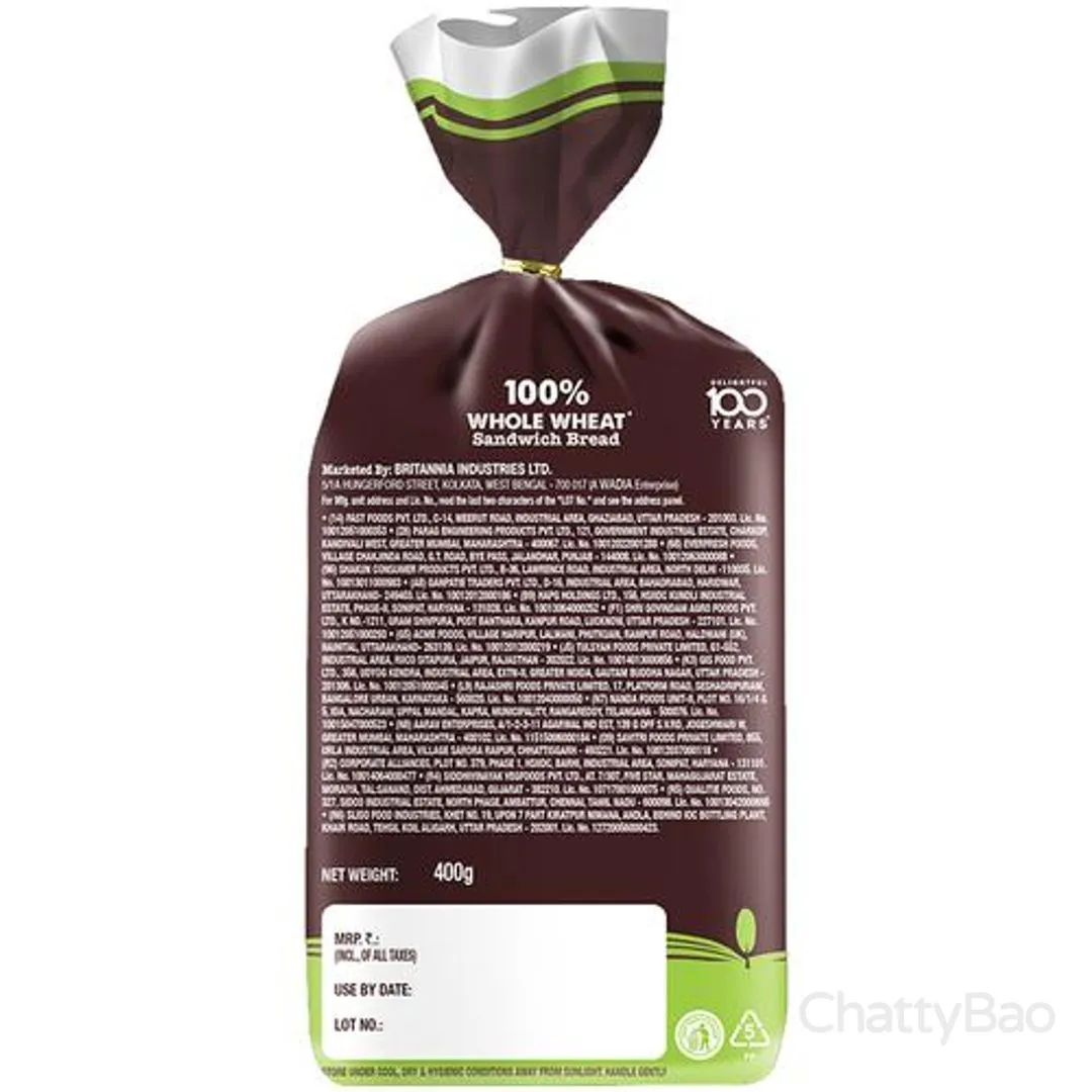 Britannia 100% Whole Wheat Bread 400 g view 2