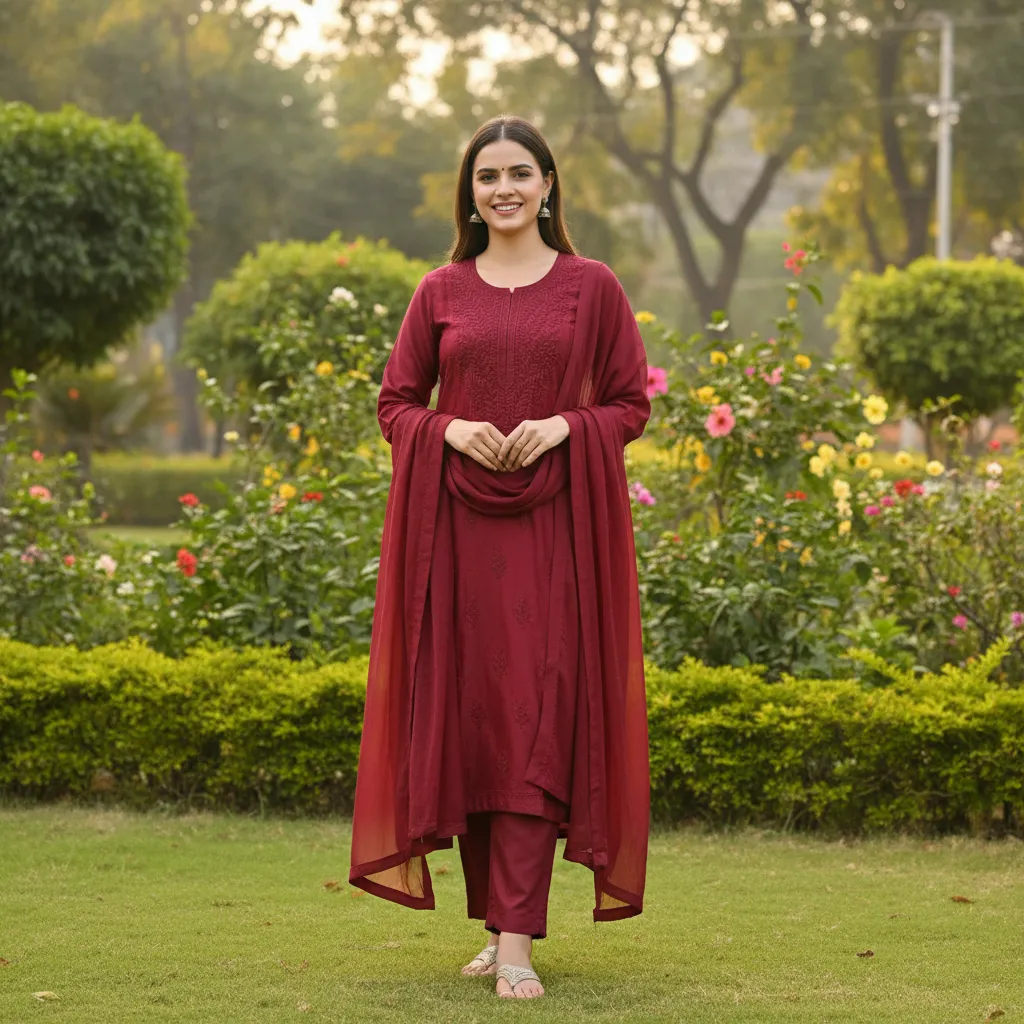 Elegant Maroon Embroidery Kurta Set view 2