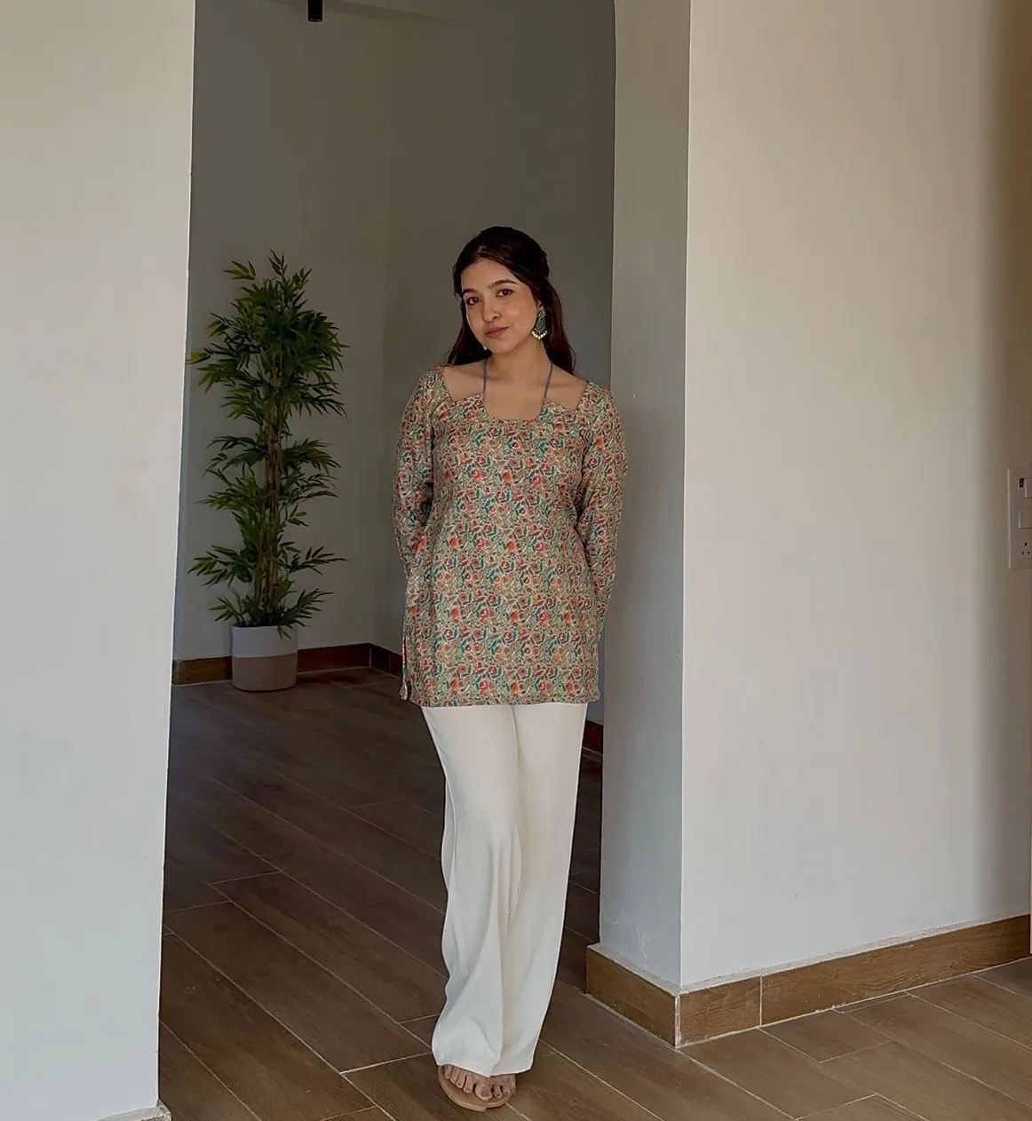 Green Floral Halter Neck Woolen Kurti