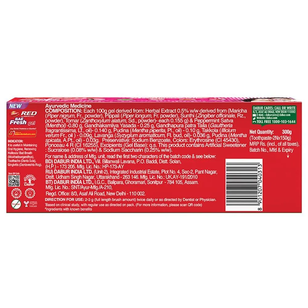 Dabur Red Bae Fresh Gel Toothpaste 300 g (Pack of 2 x 150 g each) view 2