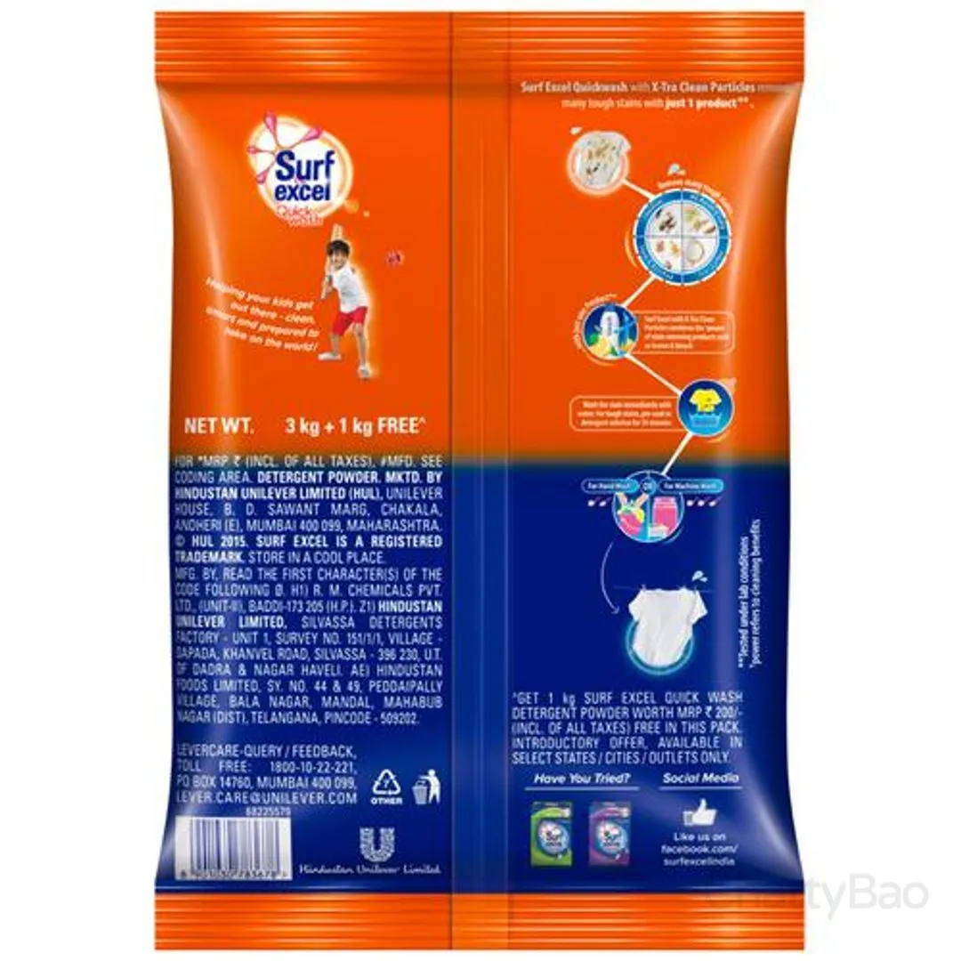 Surf Excel Quick Wash Detergent Powder 4 Kg (Buy 3 Get 1 Free) view 2