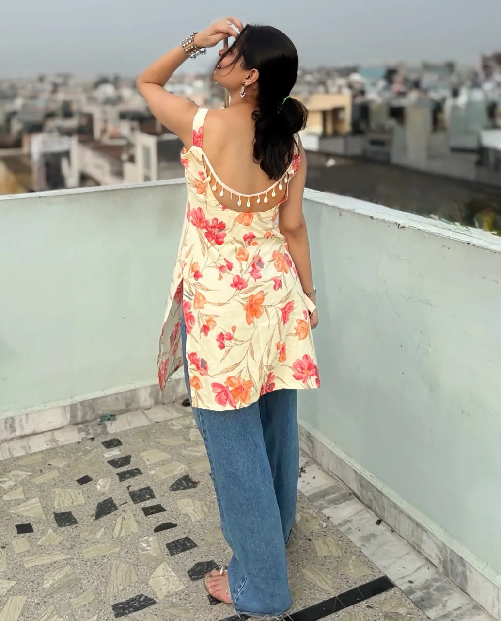 Floral Tassel Kurti- Peach view 4