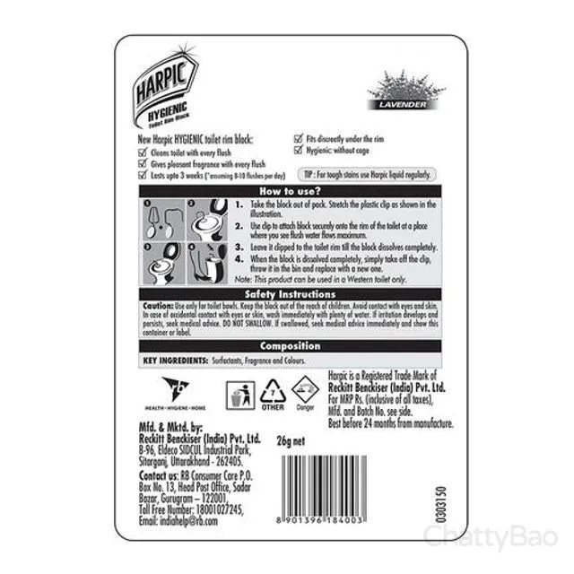 Harpic Hygienic Toilet Cleaner Rim Block - Lavender 26 g view 4