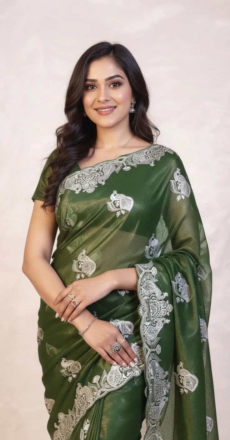 Embroidered Green Saree. view 3