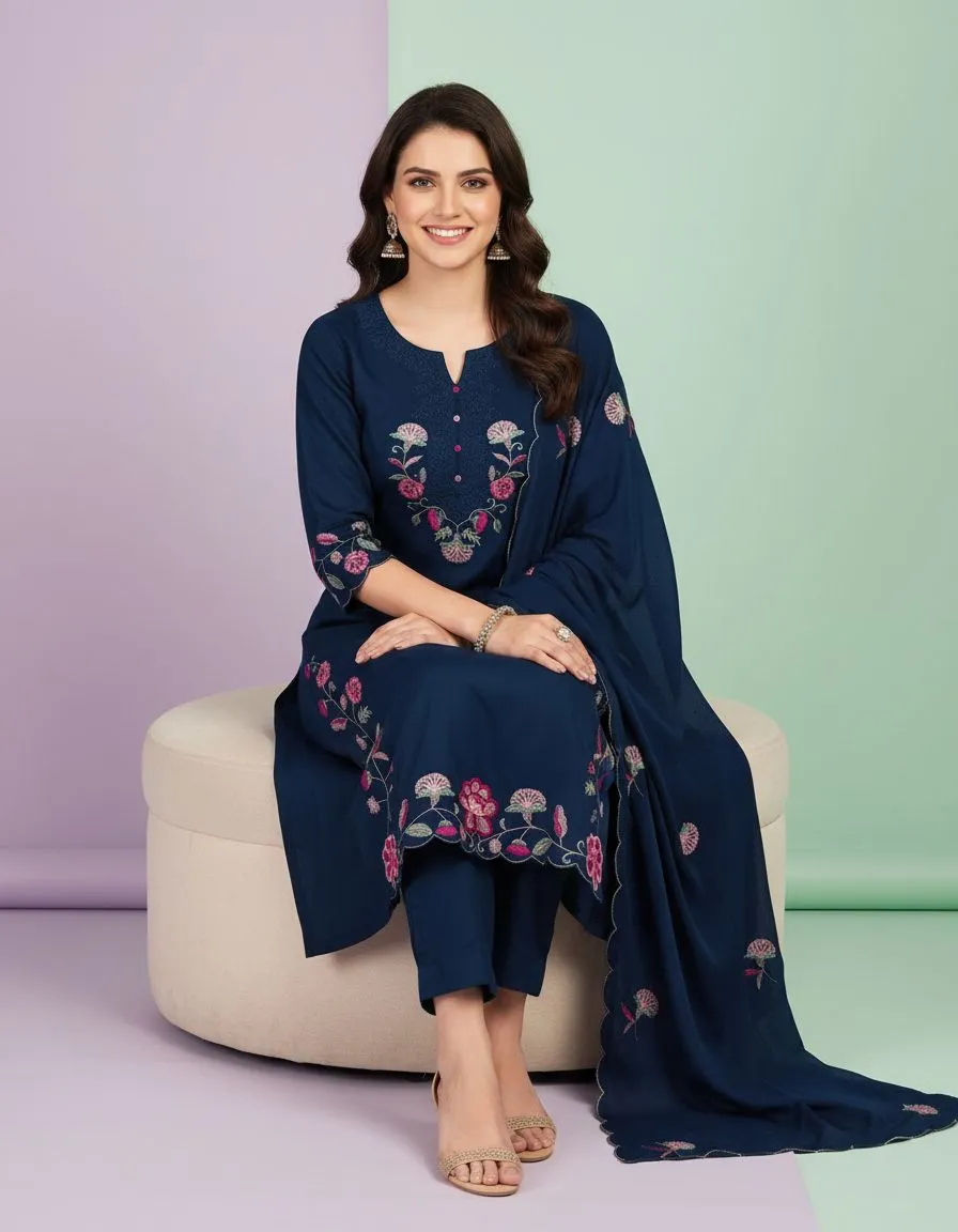 Embroidered Navy Blue Kurti Set view 2