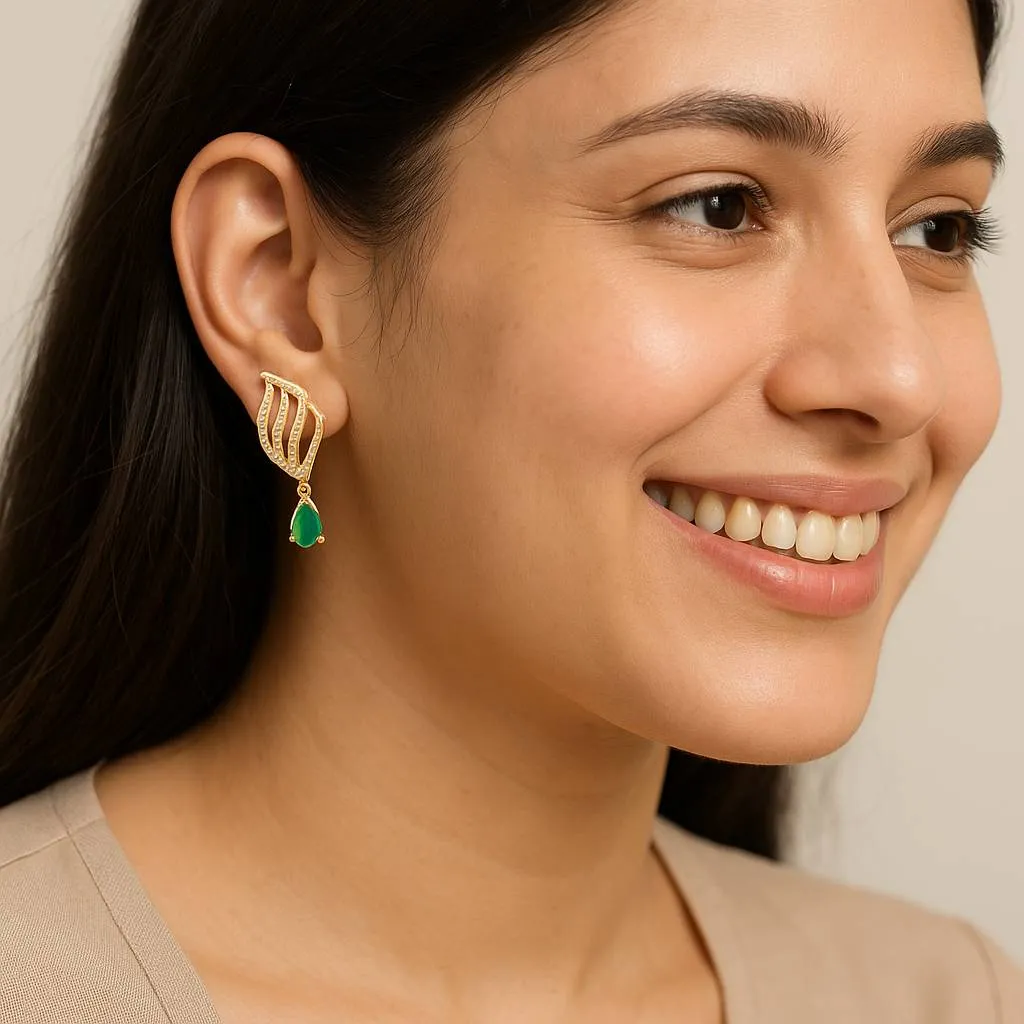 Gold Leaf Earrings with Emeralds view 2