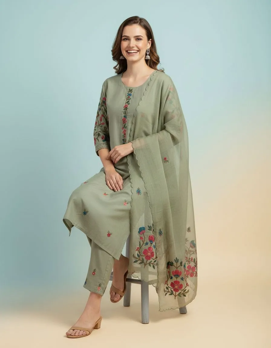 Embroidered Sage Green Kurti Set view 2