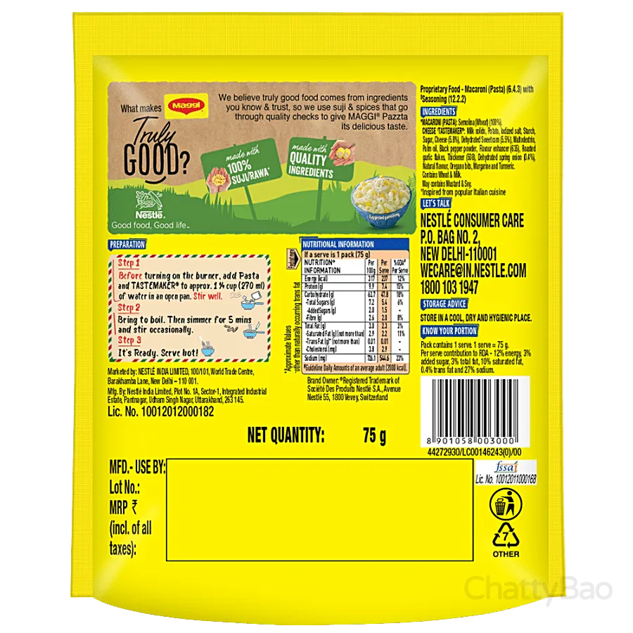 Maggi Pazzta Cheese Macaroni - 100% Suji/ Rawa 75 g view 2