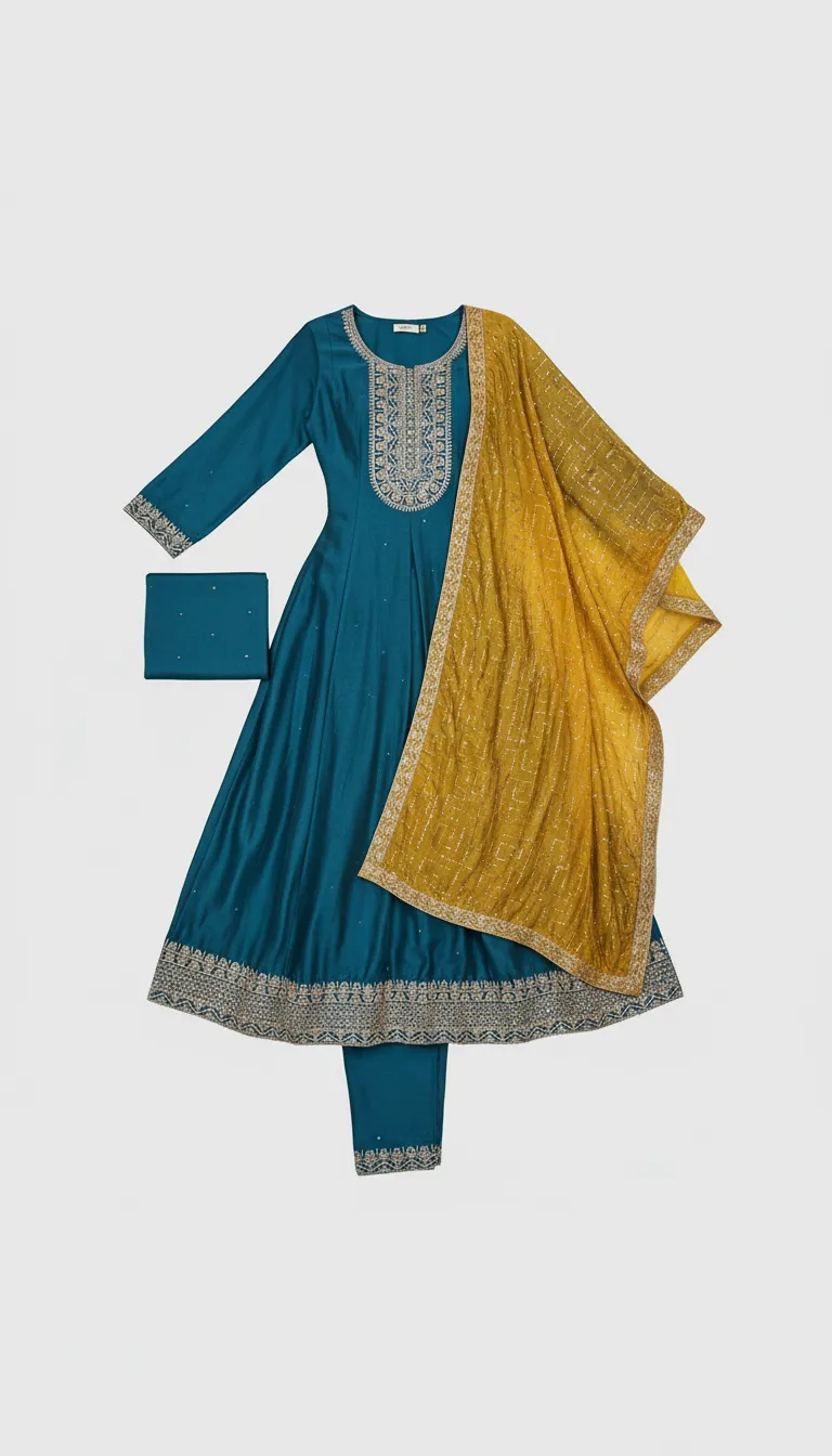 Teal Embroidered Kurta Set view 2