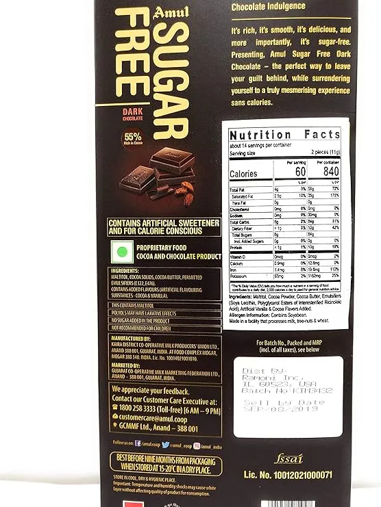 Amul Sugar Free Dark Chocolate 125 g view 2