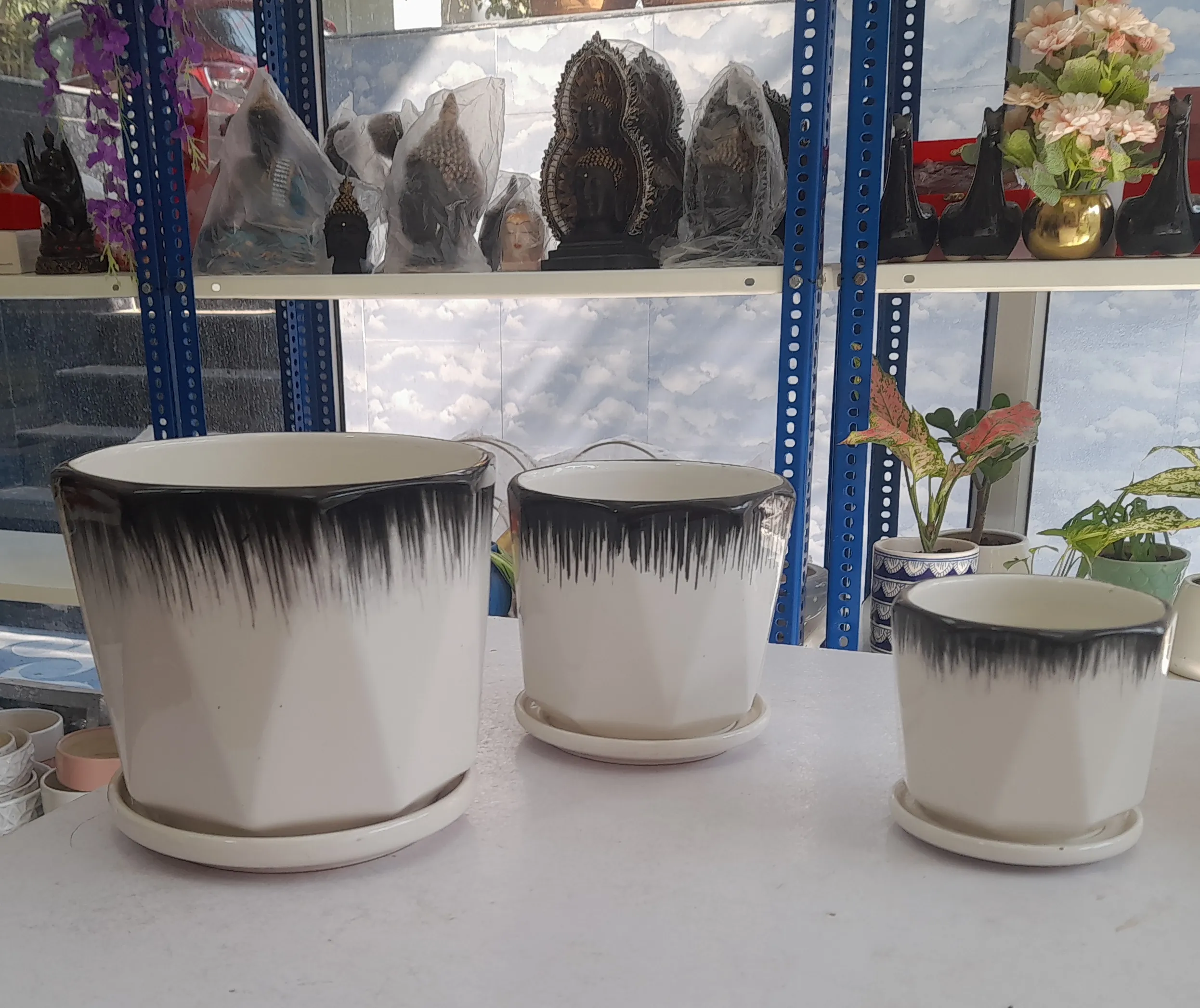 Imported Geometric Ceramic Planters Set Of 3 Nis 6",5"&4"H view 2