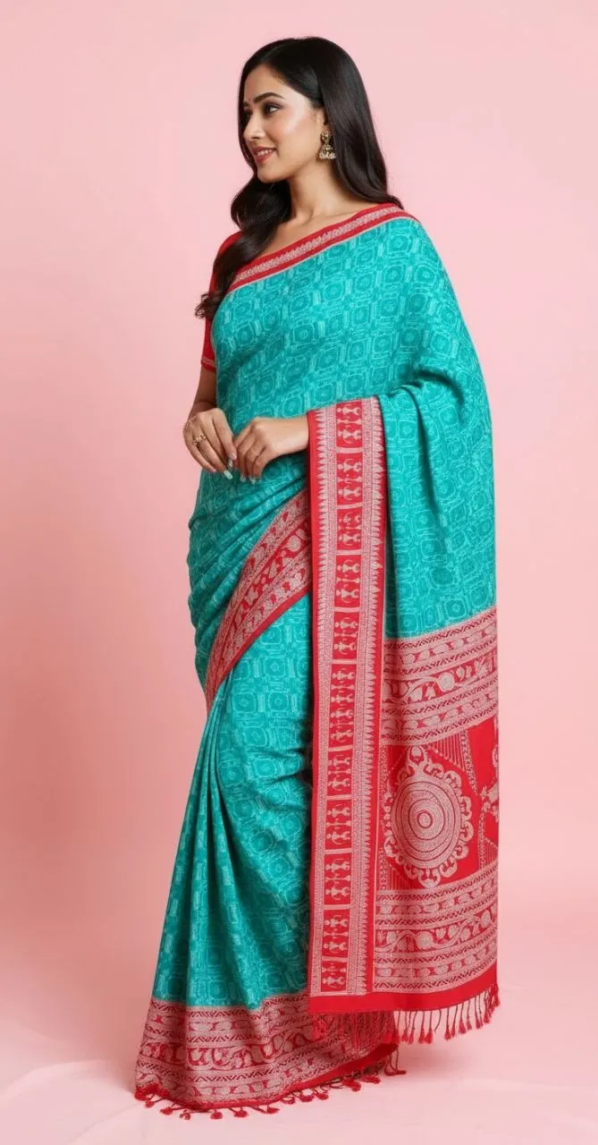Traditional Woven Tribal Design Saree with Contrast Border & Tassels – Available in Multiple Colours view 6