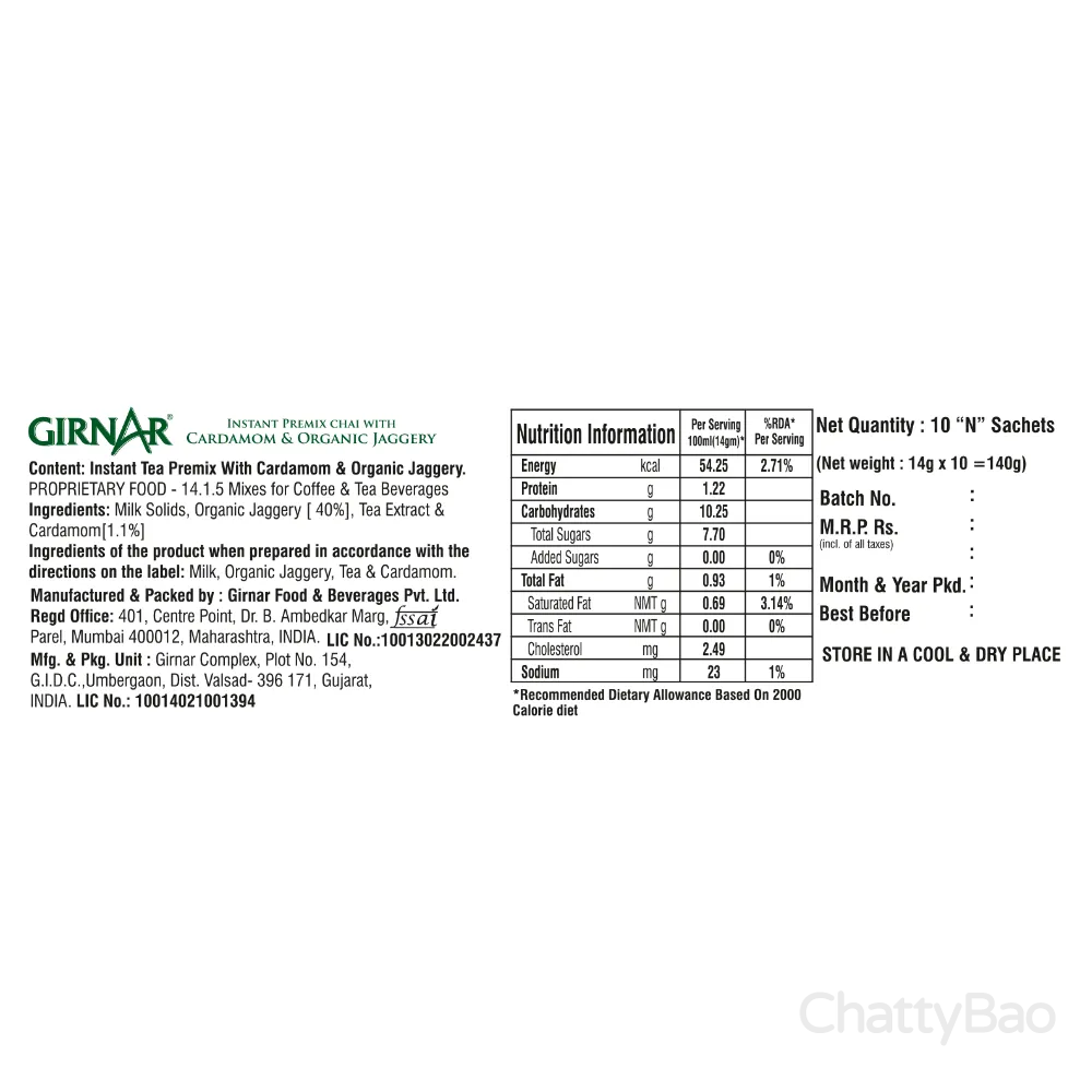 Girnar Instant Cardamom Chai Premix With Organic Jaggery 10 Sachets view 3