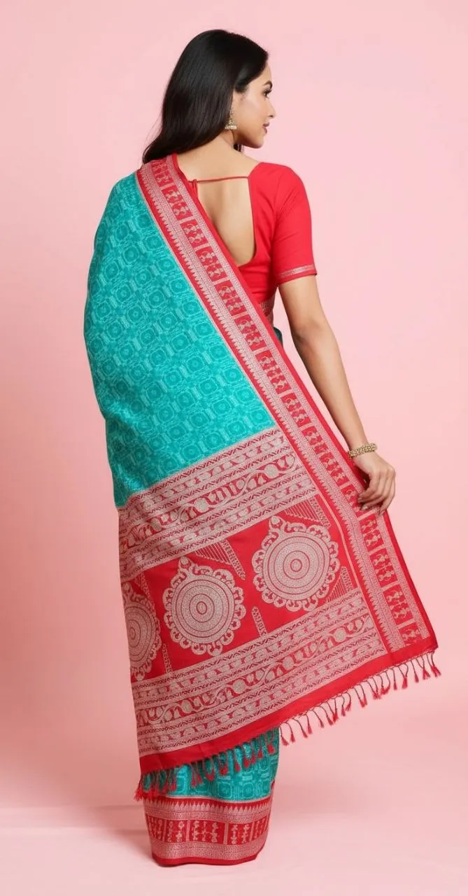 Traditional Woven Tribal Design Saree with Contrast Border & Tassels – Available in Multiple Colours view 5