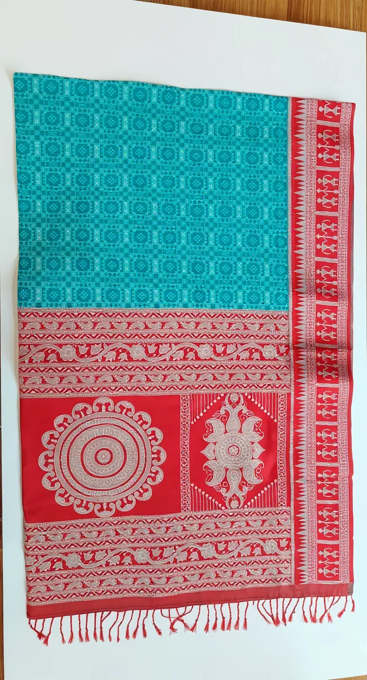 Traditional Woven Tribal Design Saree with Contrast Border & Tassels – Available in Multiple Colours view 2