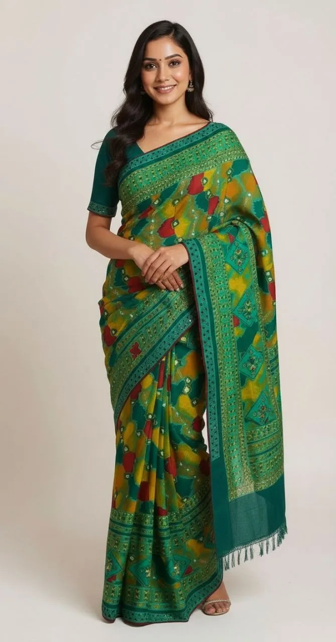 Elegant Green Printed Saree with Designer Border & Tassel Pallu view 4