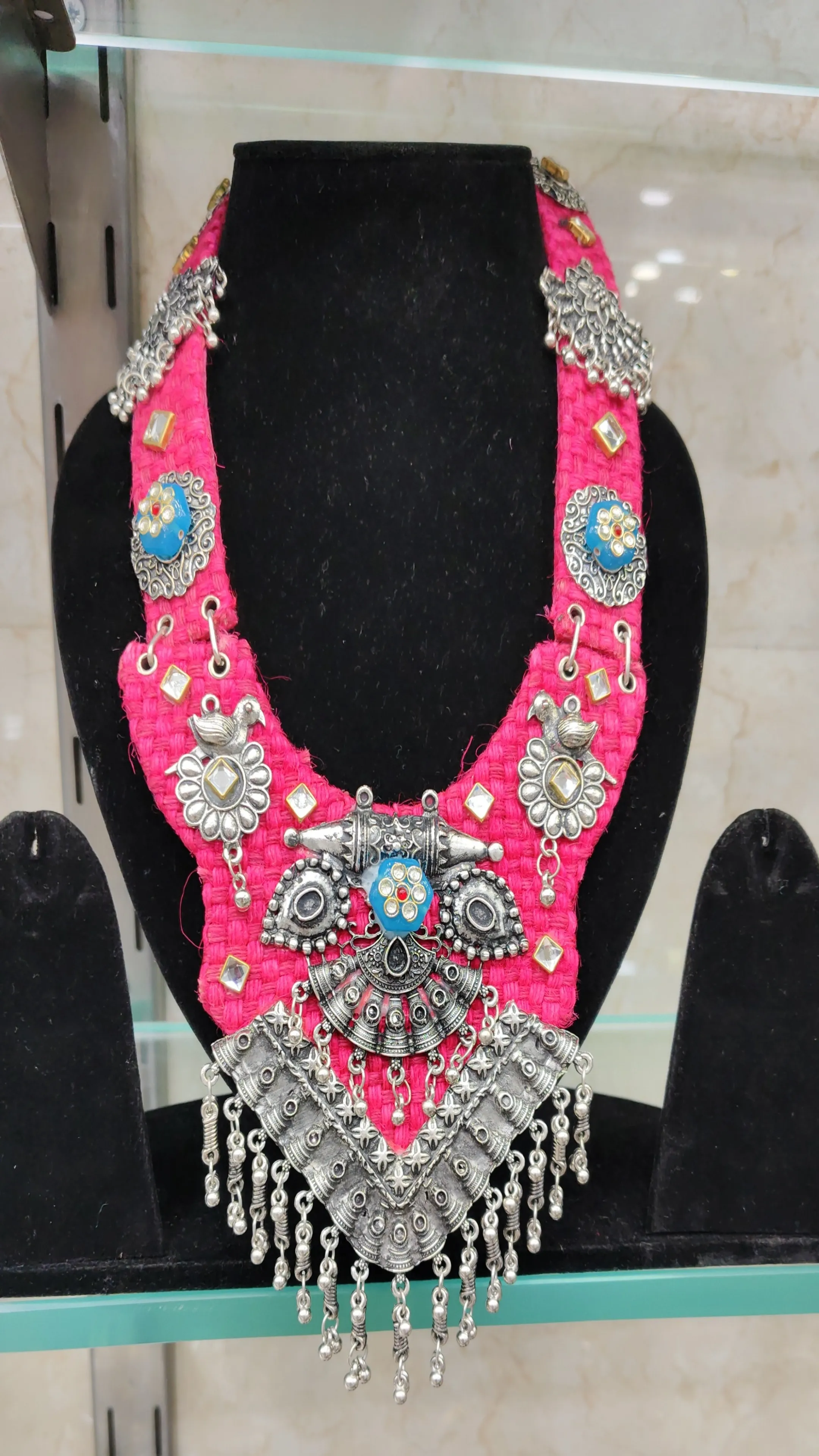 Oxidised  Necklace Pink Design Long view 2