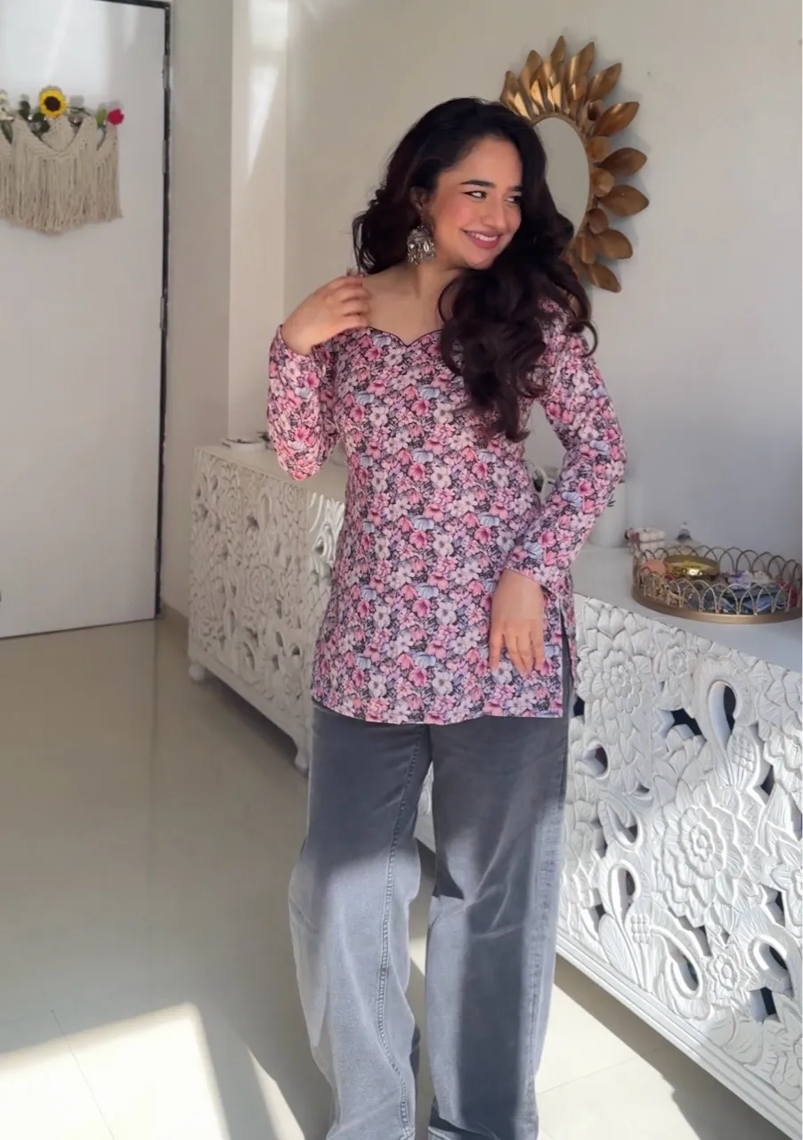 Black Floral Print Woolen Kurti view 4