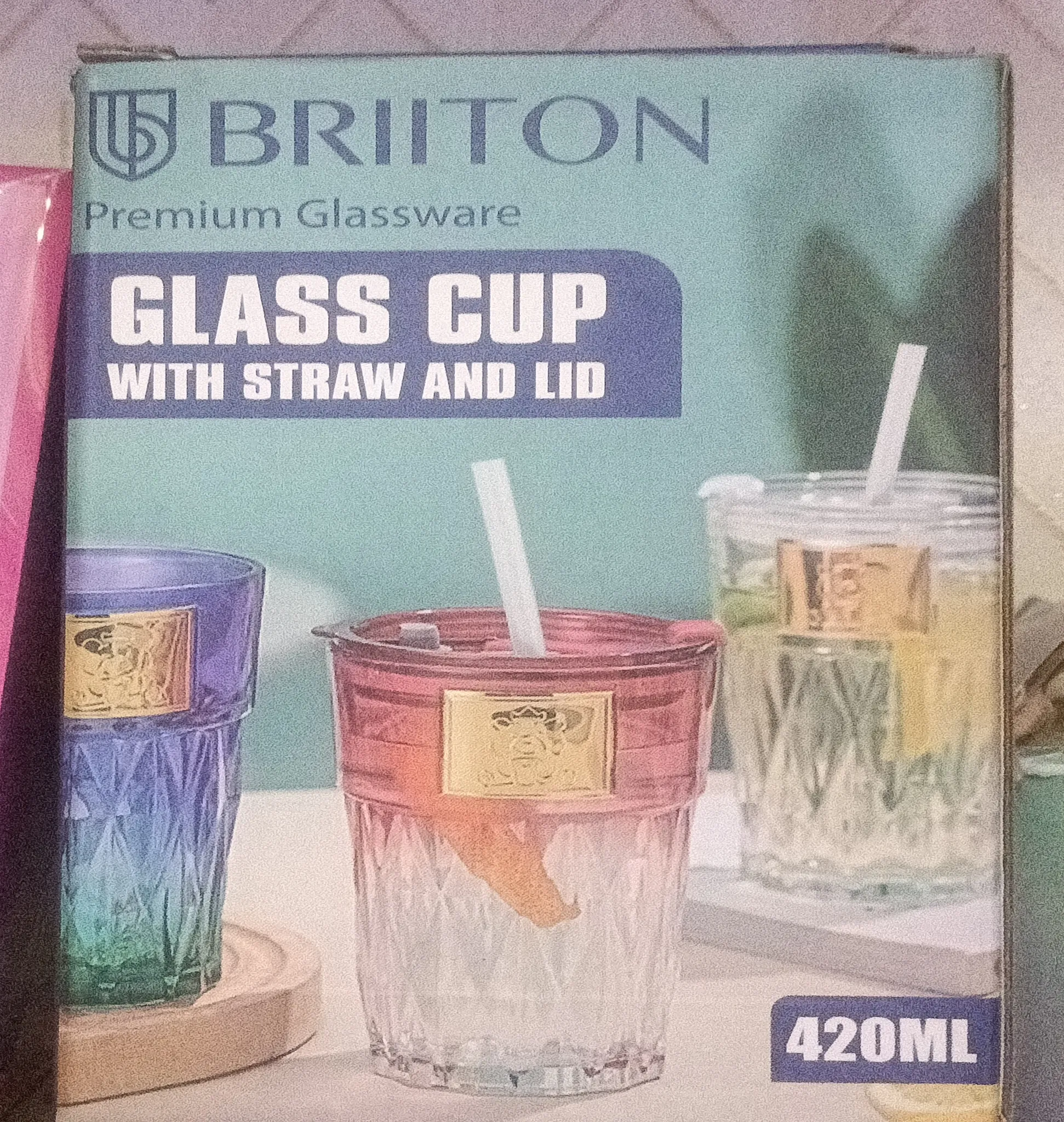 Briiton Glass Cup with Straw and Lid view 2