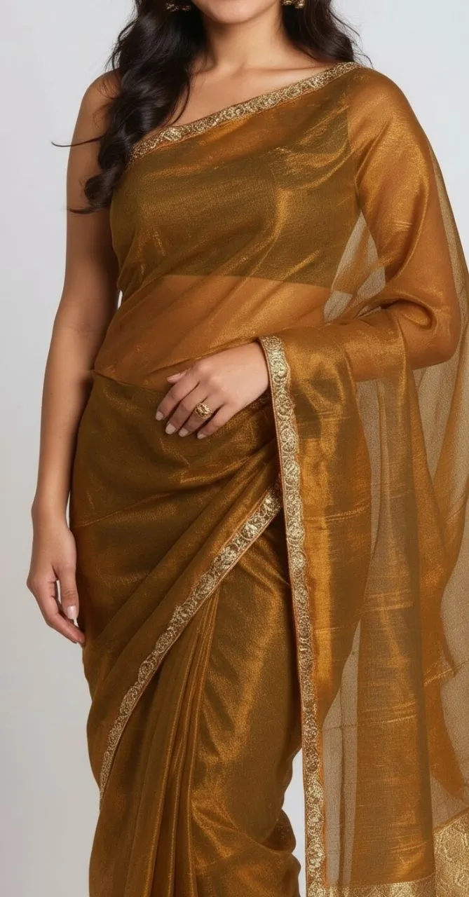 Elegant Plain Shimmer Saree with Golden Border – Available in Multiple Colours view 4