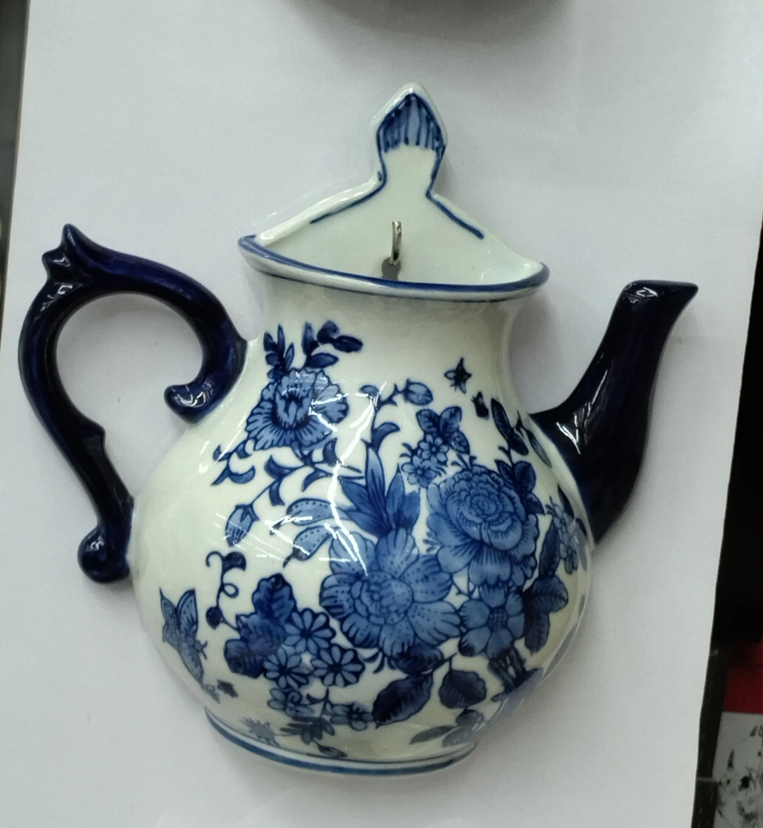 Blue Floral Teapot Hanging On Wall view 2