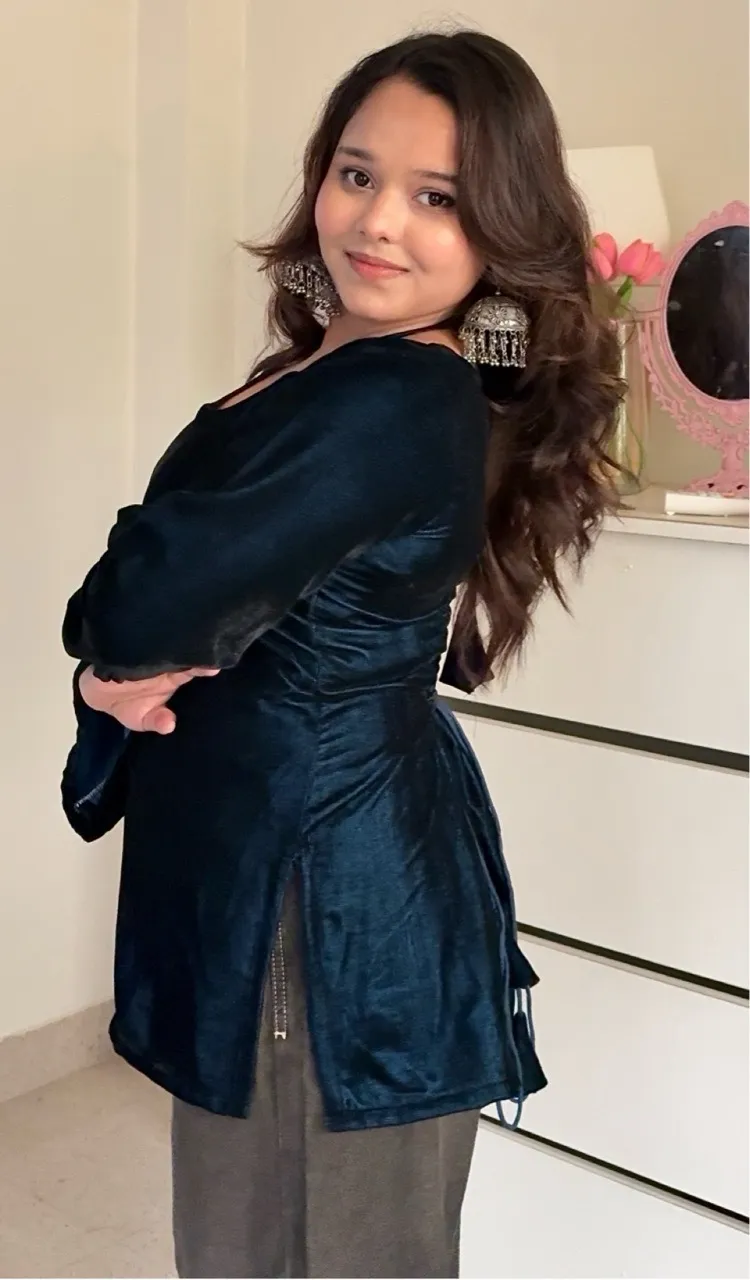 Velvet Halter Neck Kurti - Teal Blue view 2