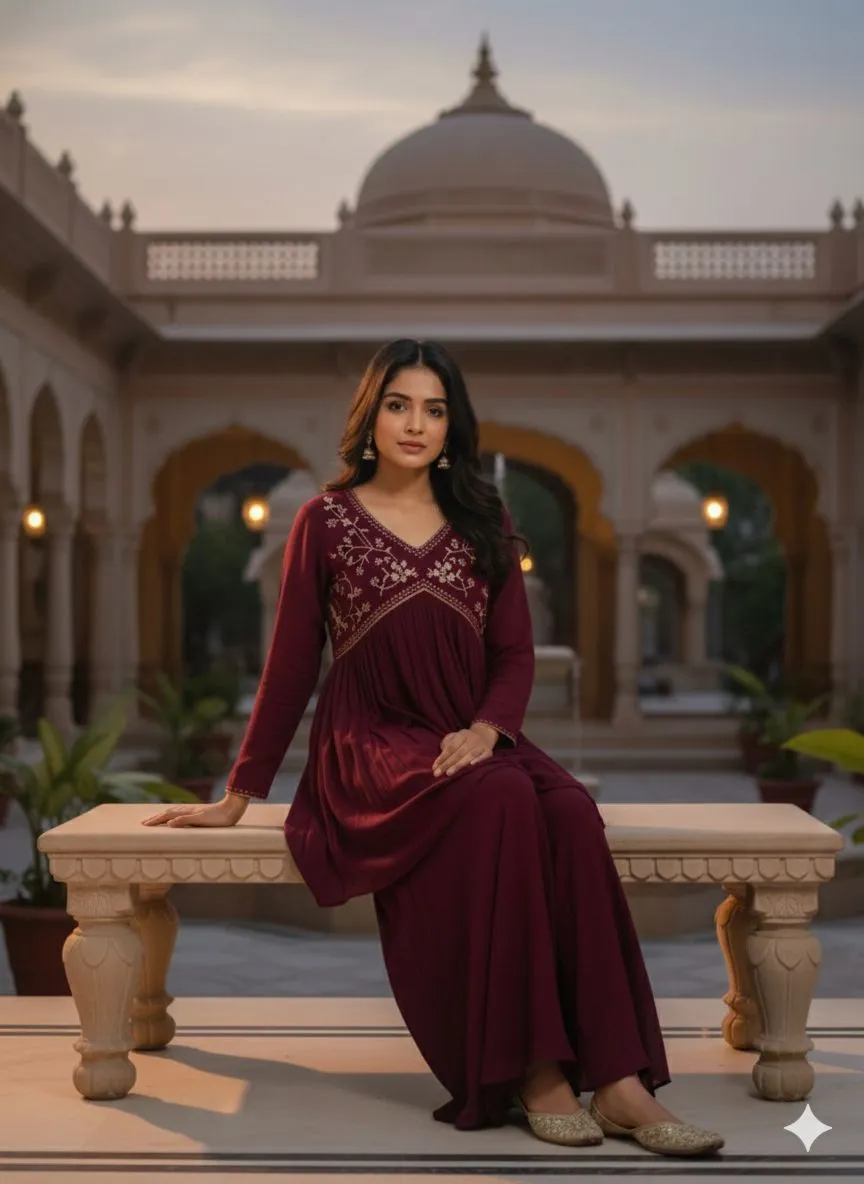 Embroidered Burgundy Anarkali Set view 2