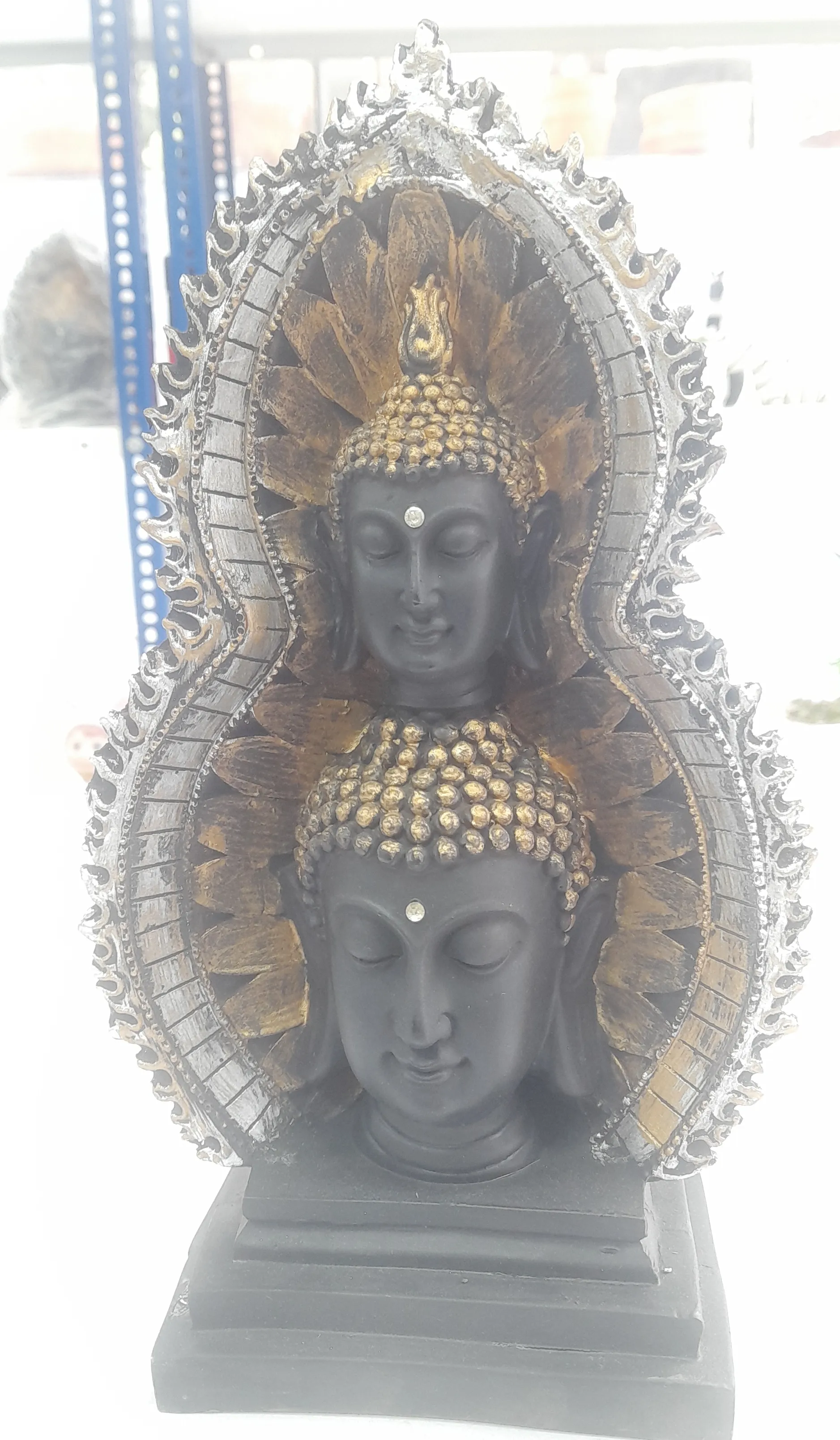 Decorative Buddha Head Statue, Black and Gold, Double Face Design 11"H &5"W view 2