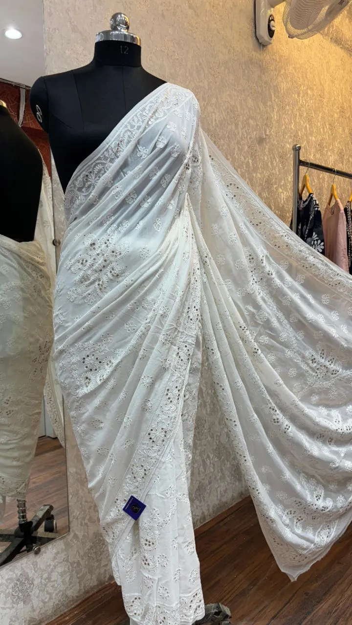 Kavya Chikan White Saree view 2