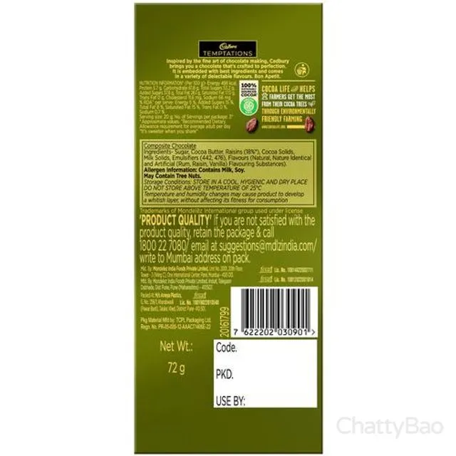 Cadbury Temptations Rum & Raisins Premium Chocolate Bar 72 g view 2