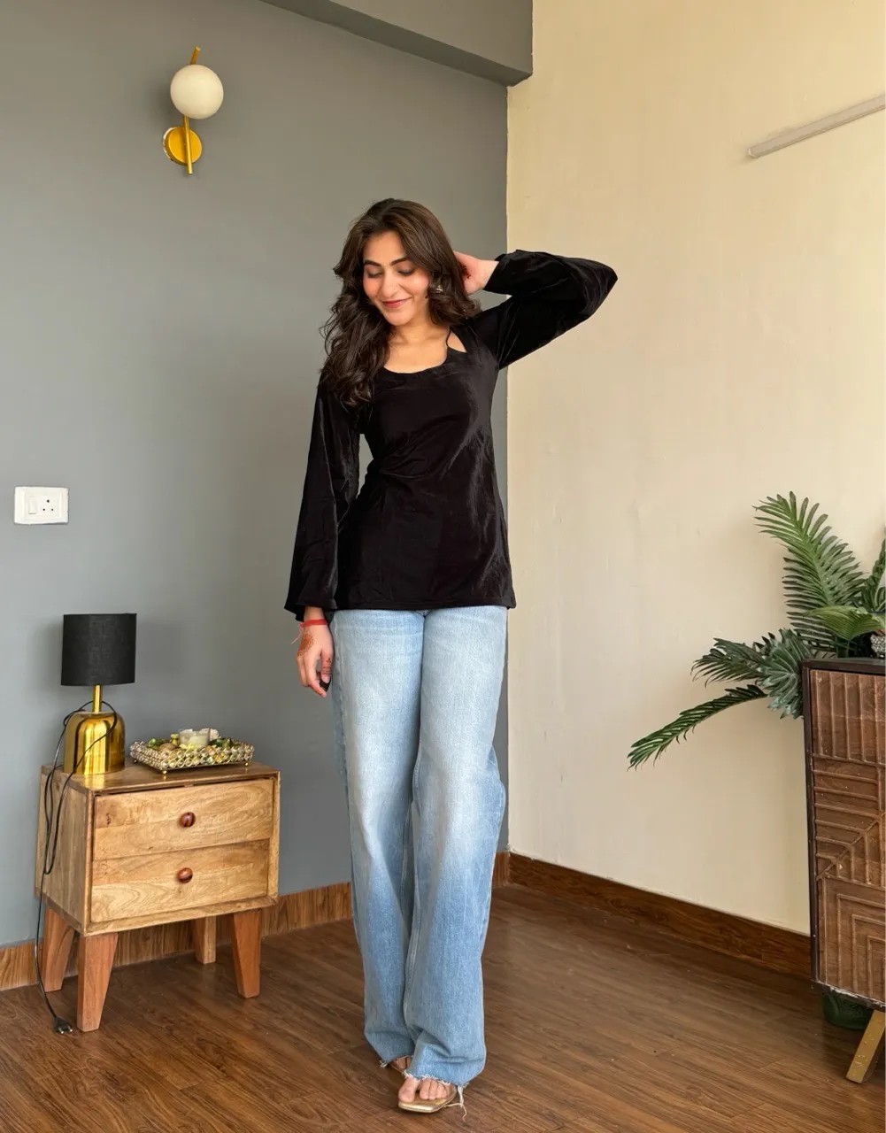 Velvet Halter Neck Kurti- Black view 2