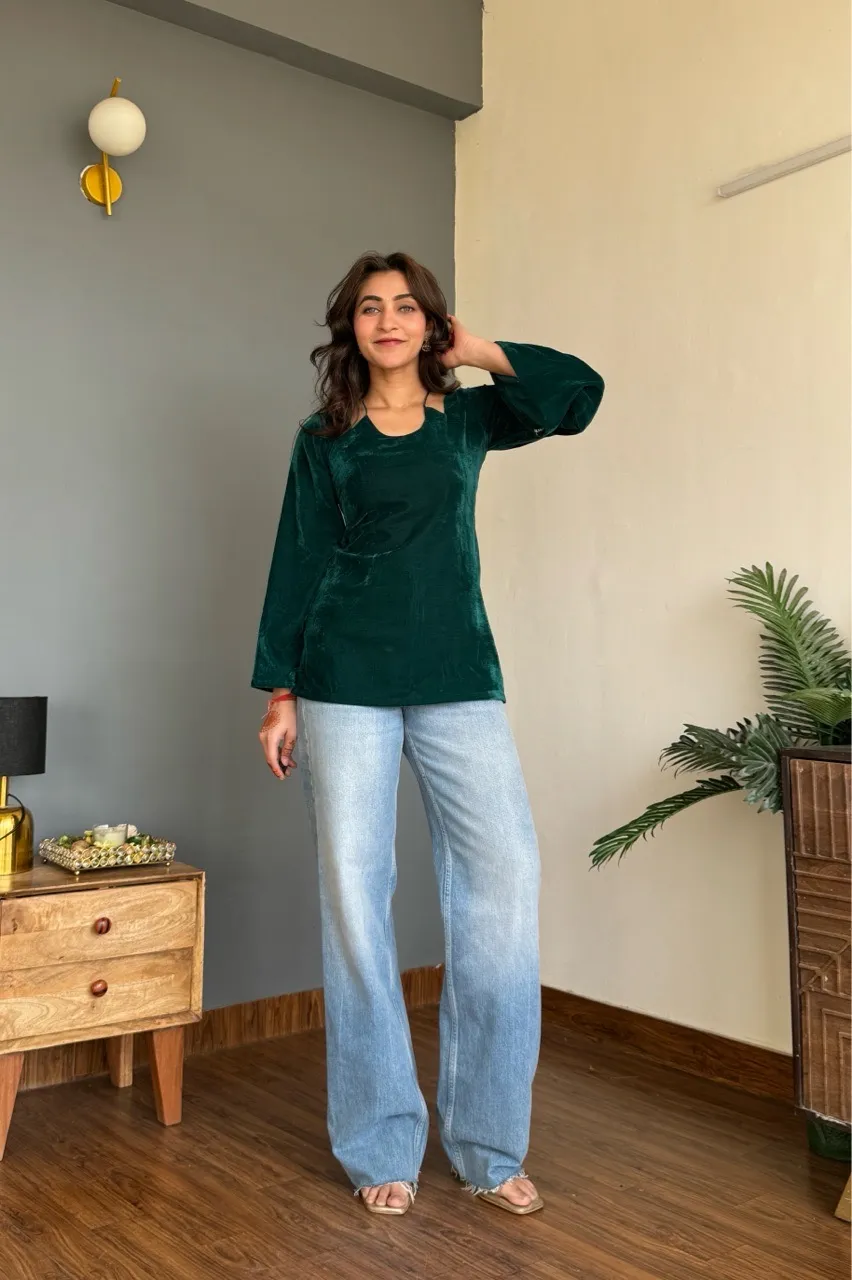 Velvet Halter neck kurti - Green view 2