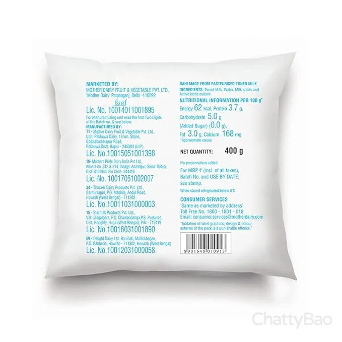 Mother Dairy Classic Dahi (Curd) Pouch 400 g view 2