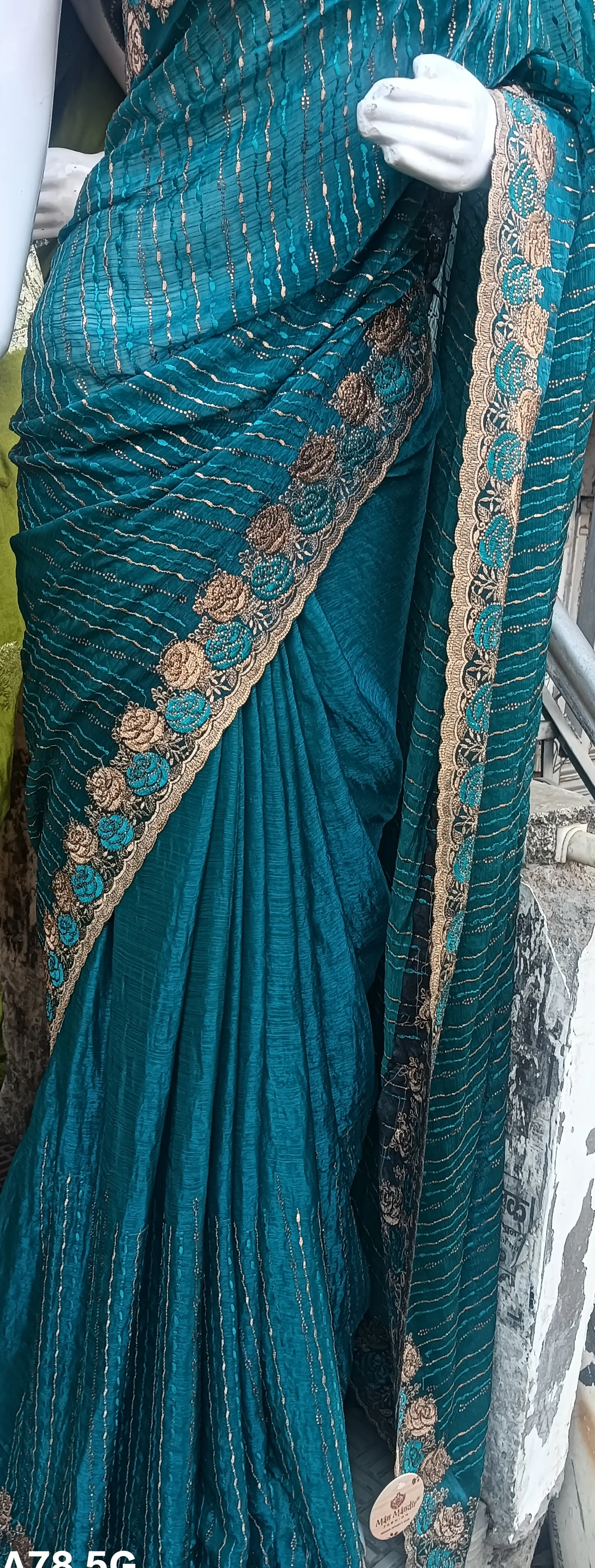 Teal Embroidered Saree view 3