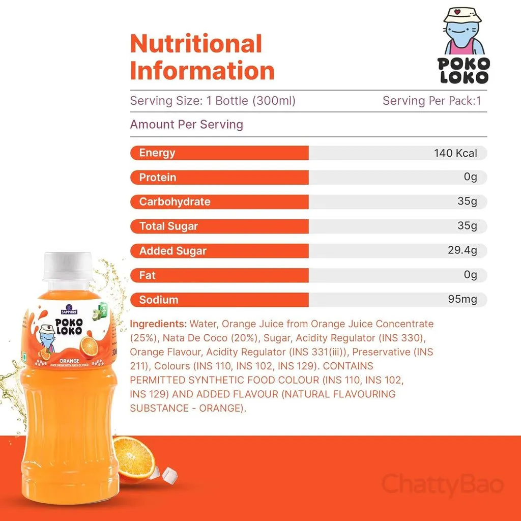 Sapphire Poko Loko Orange Juice Drink with Nata De Coco 300 ml view 2