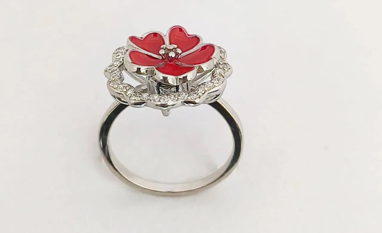 Red Floral Silver Ring (AVSLR-10) view 3