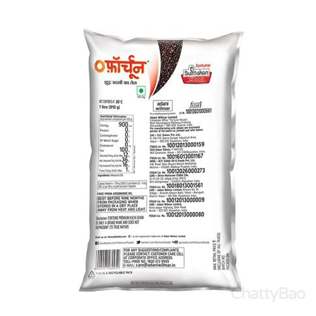 Fortune Kachi Ghani Mustard Oil Pouch 1 L view 2