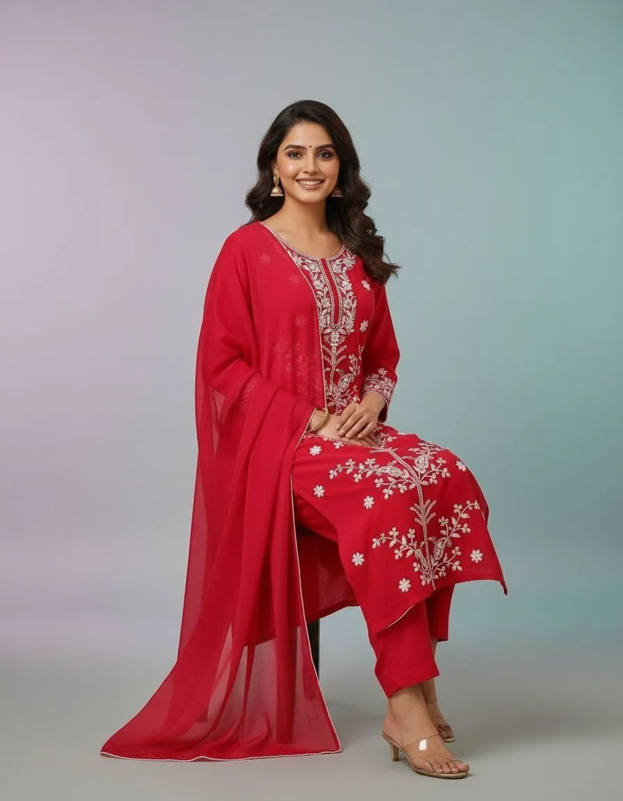 Red Embroidered Kurta Set view 2