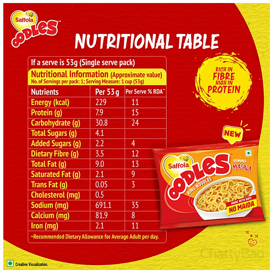 Saffola Oodles Instant Noodles - No Maida, Yummy, Masala Flavour 53 g view 3
