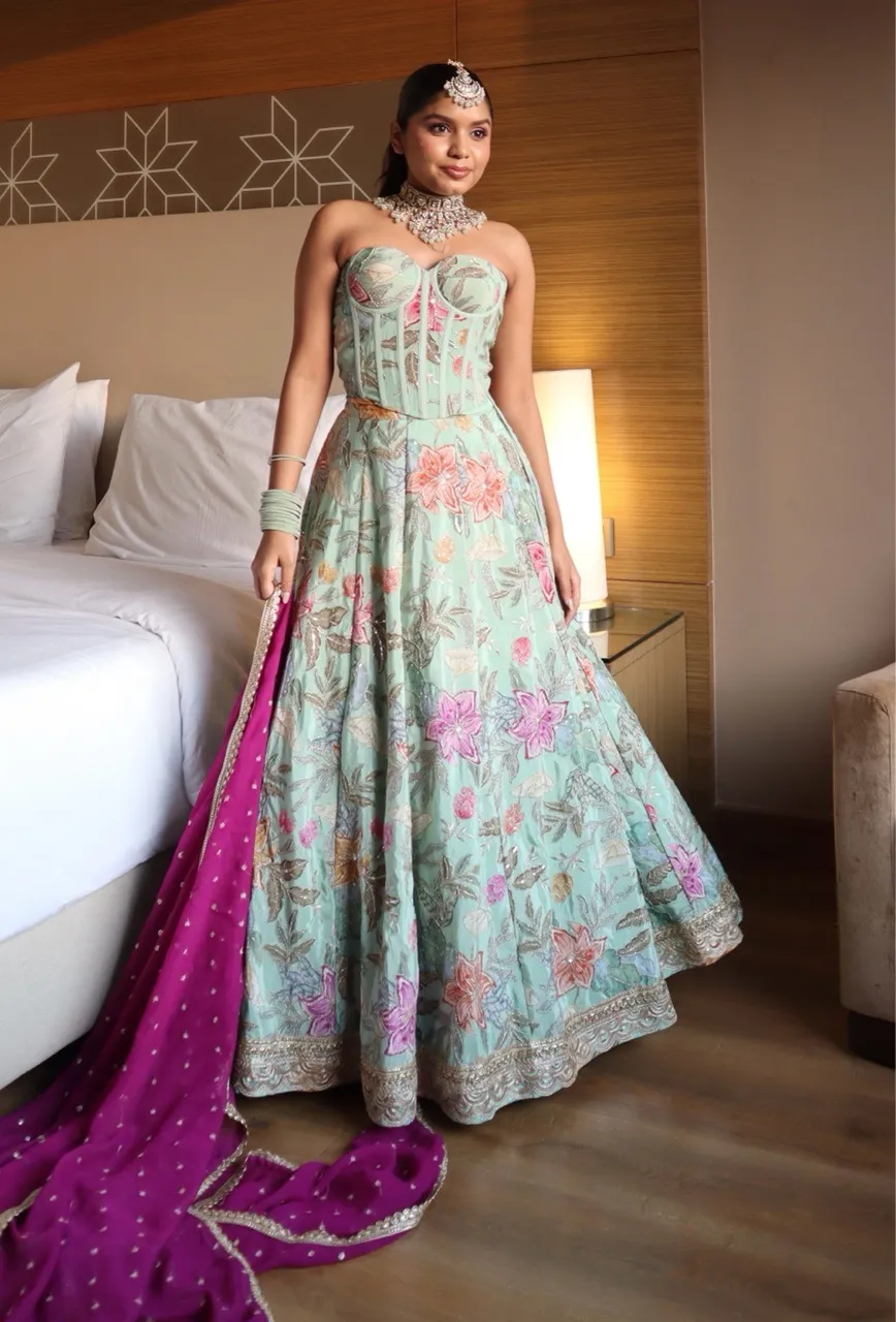 ‘Gulzar’ Corset Lehenga-Mint Green view 4