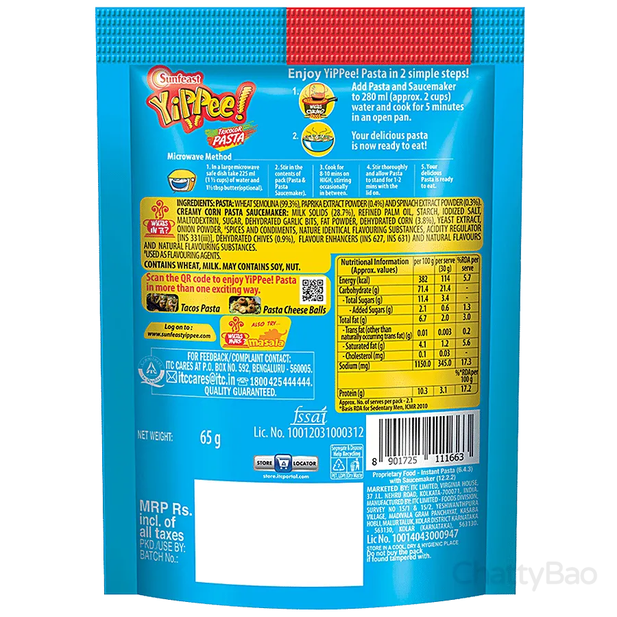 Sunfeast YiPPee! Tricolor Pasta - Suji/Rawa, Creamy Corn 65 g view 2
