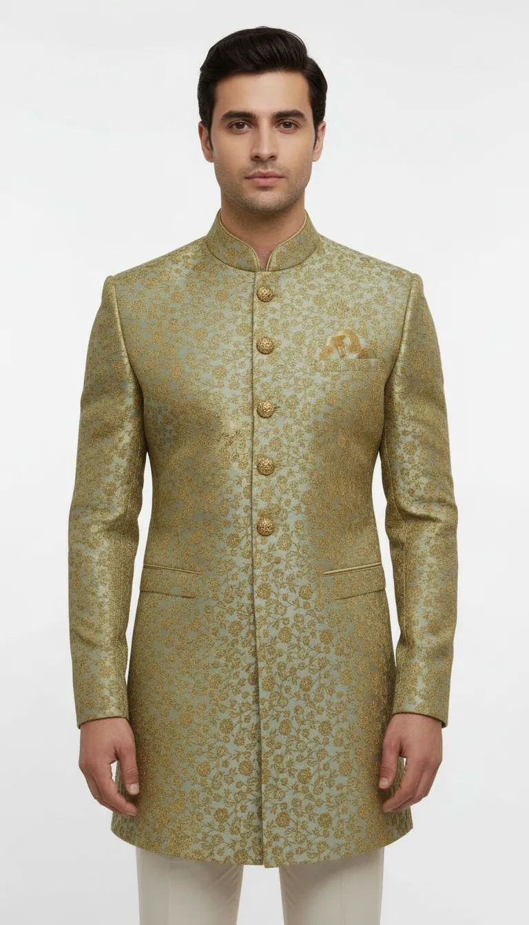 Mens Designer Gold Jacquard Sherwani view 6