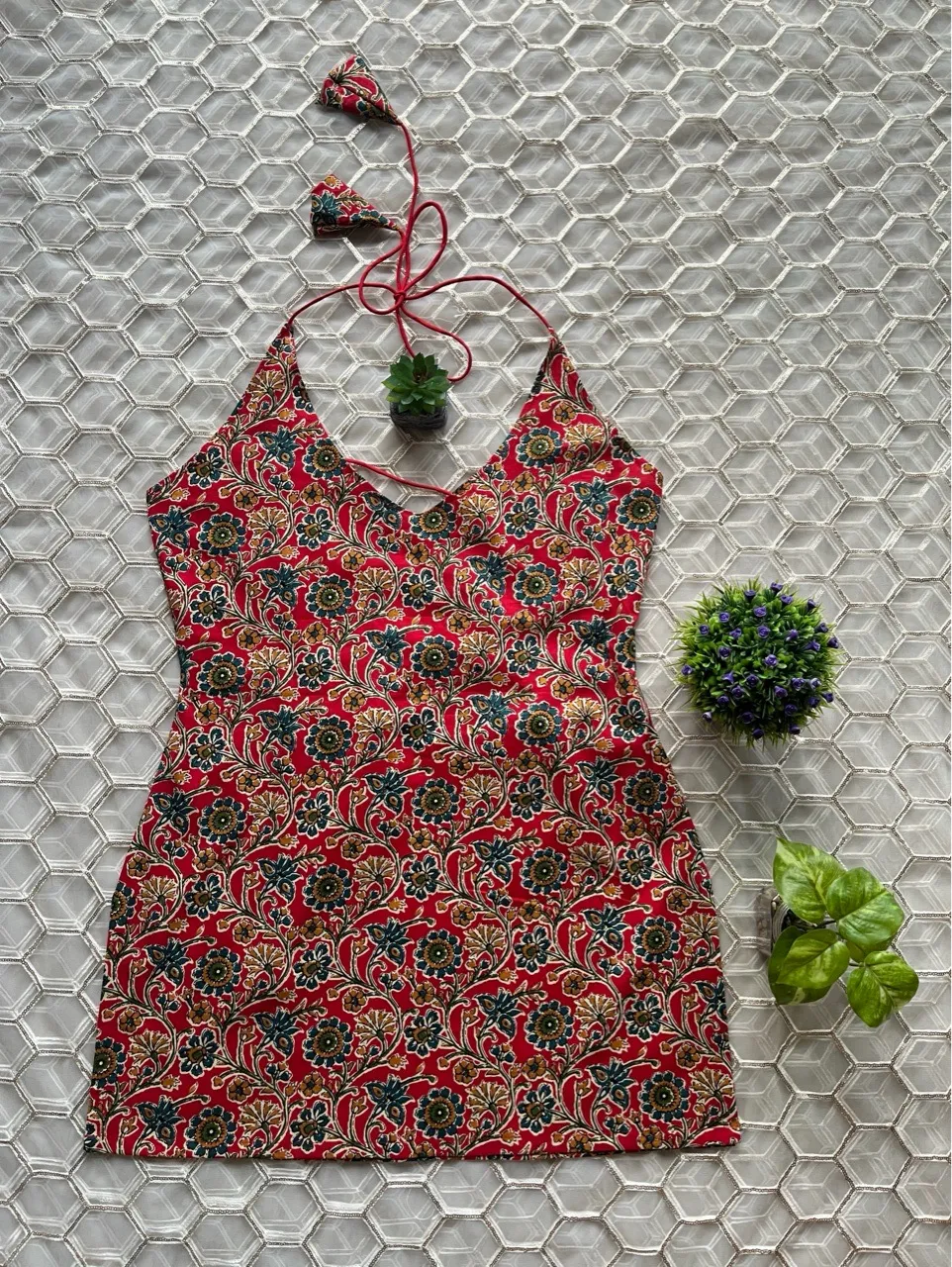 Floral Halter Neck Kurti - Red view 3