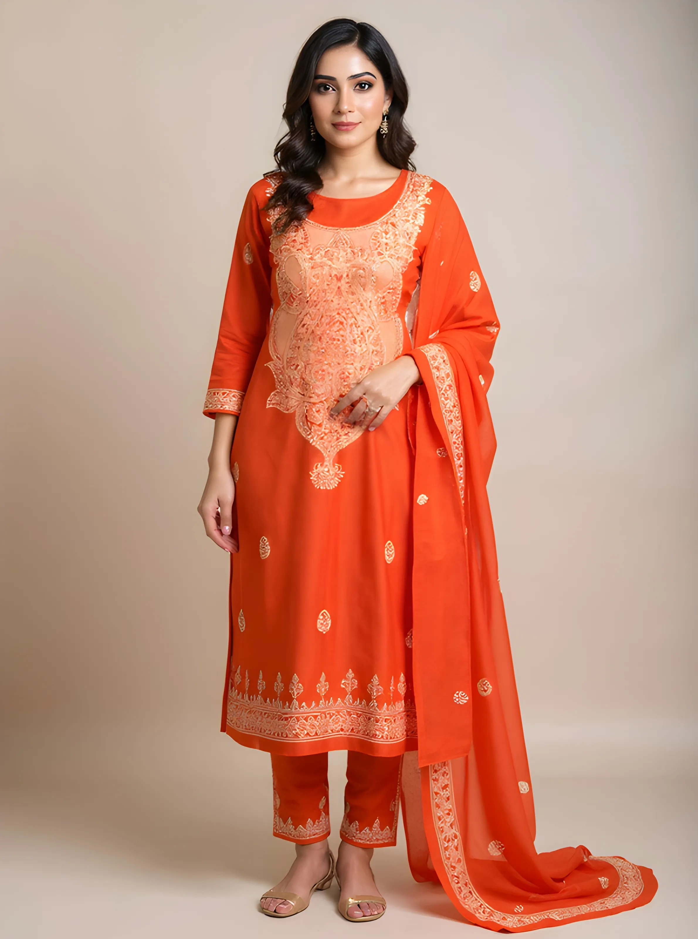 Embroidered Orange Salwar Kameez view 4