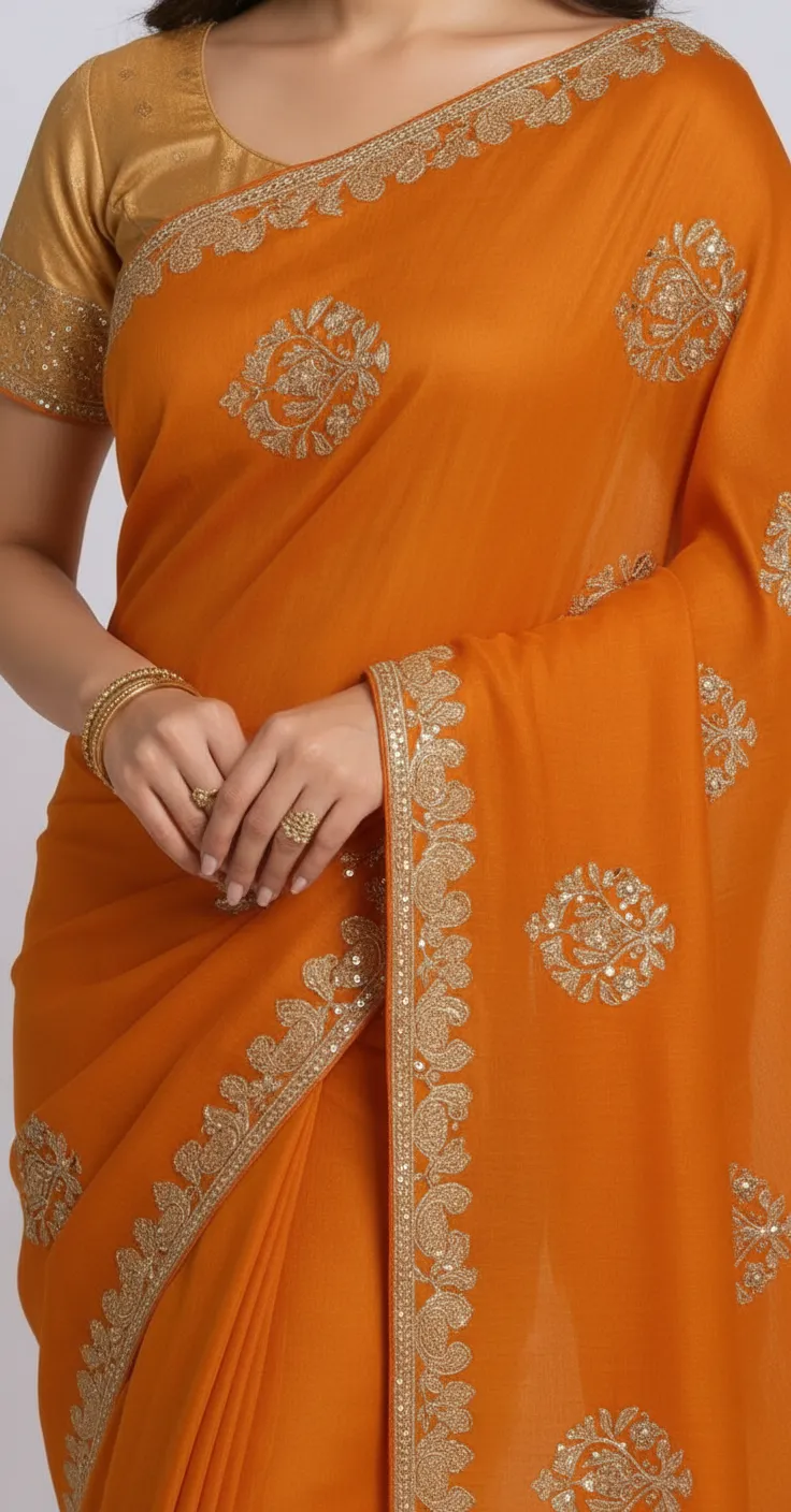Elegant Embroidered Saree with Golden Border – Available in Multiple Colours view 5